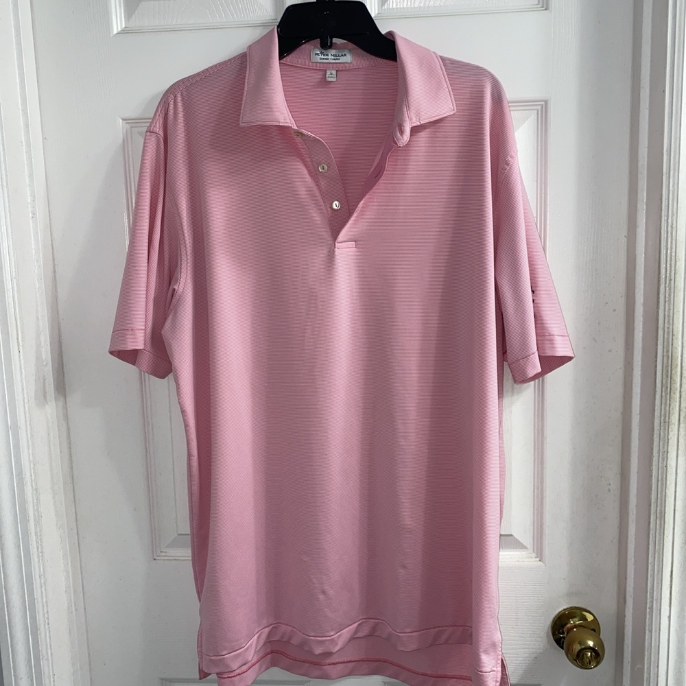 PETER MILLAR MENS SUMMER COMFORT PINK MICRO STRIPE POLO SIZE L